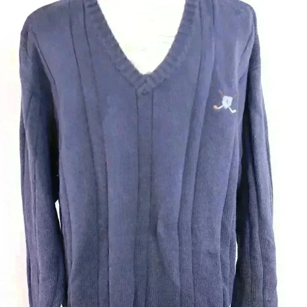 John Ashford Golf ~ Pullover Men Sz XL Blue V-Neck Knit Long Sleeve Sweater Vtg
